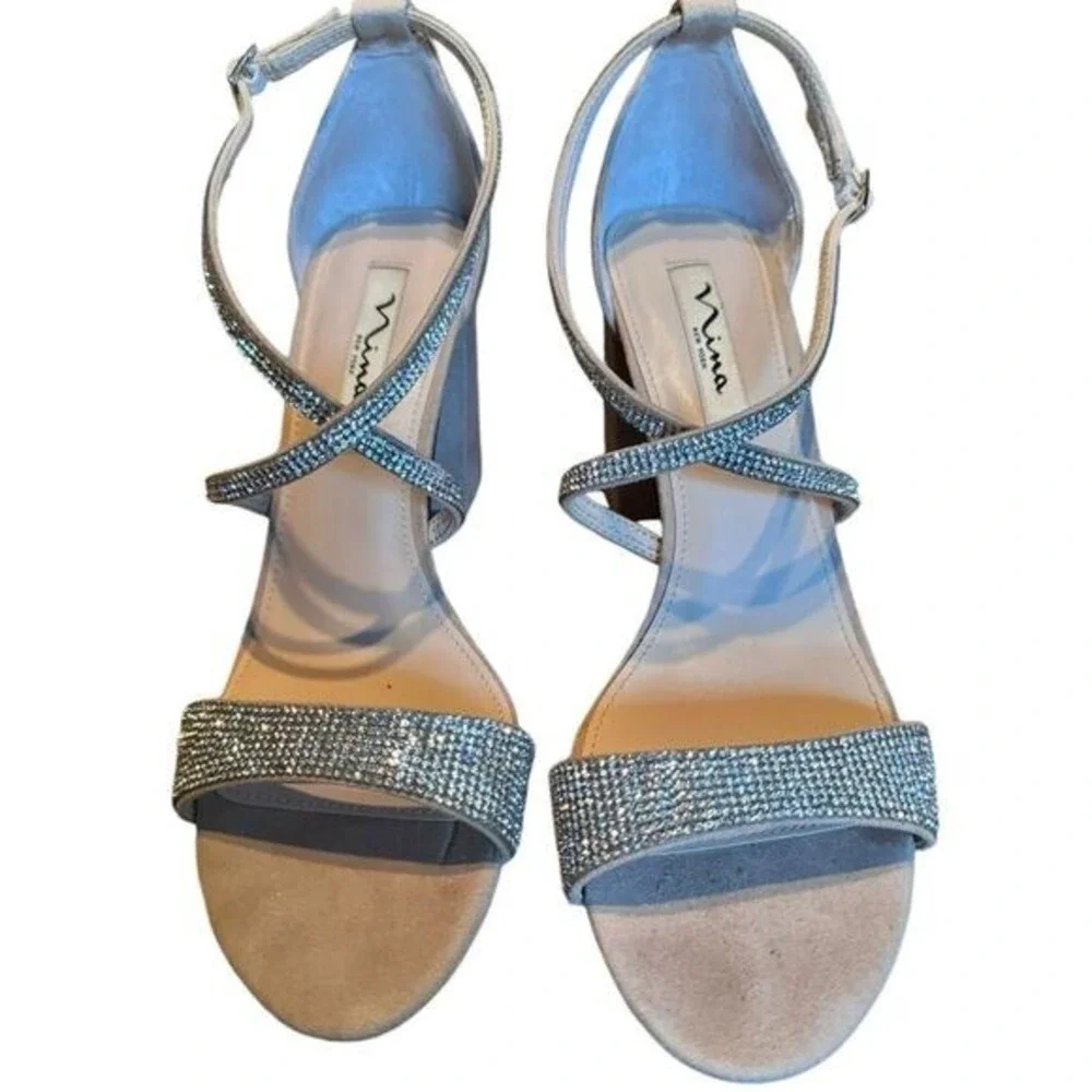 Nina New York Block Heel Sandals 10M‎ Tan Rhinestone Strappy Glam Wedding